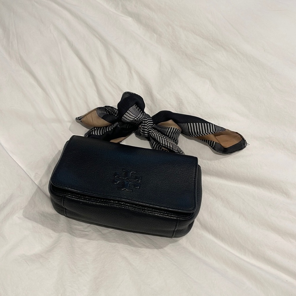Tory Burch, black leather clutch with scarf handle/detail